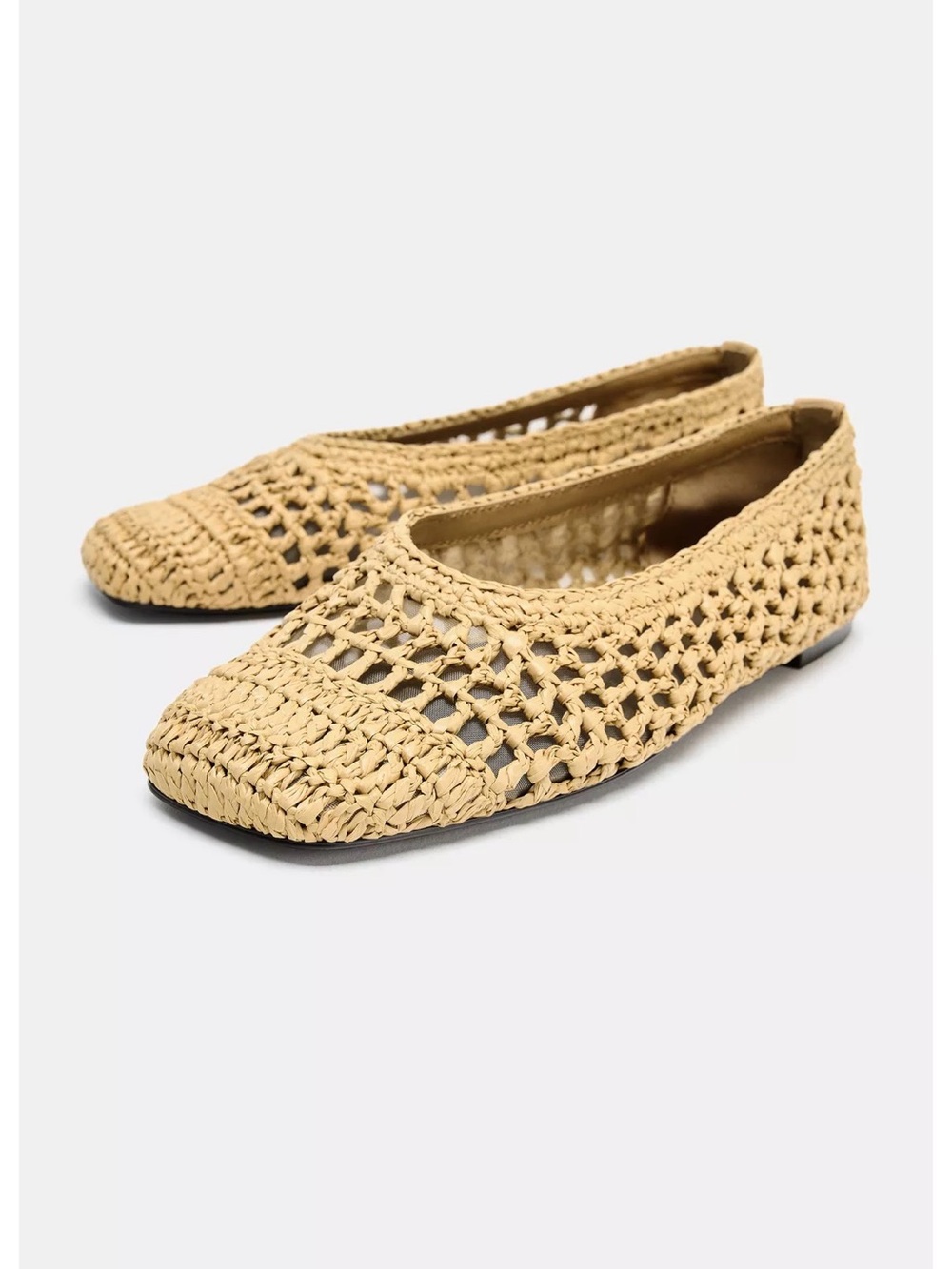 Zara Beige Woven Raffia Ballet Flats
